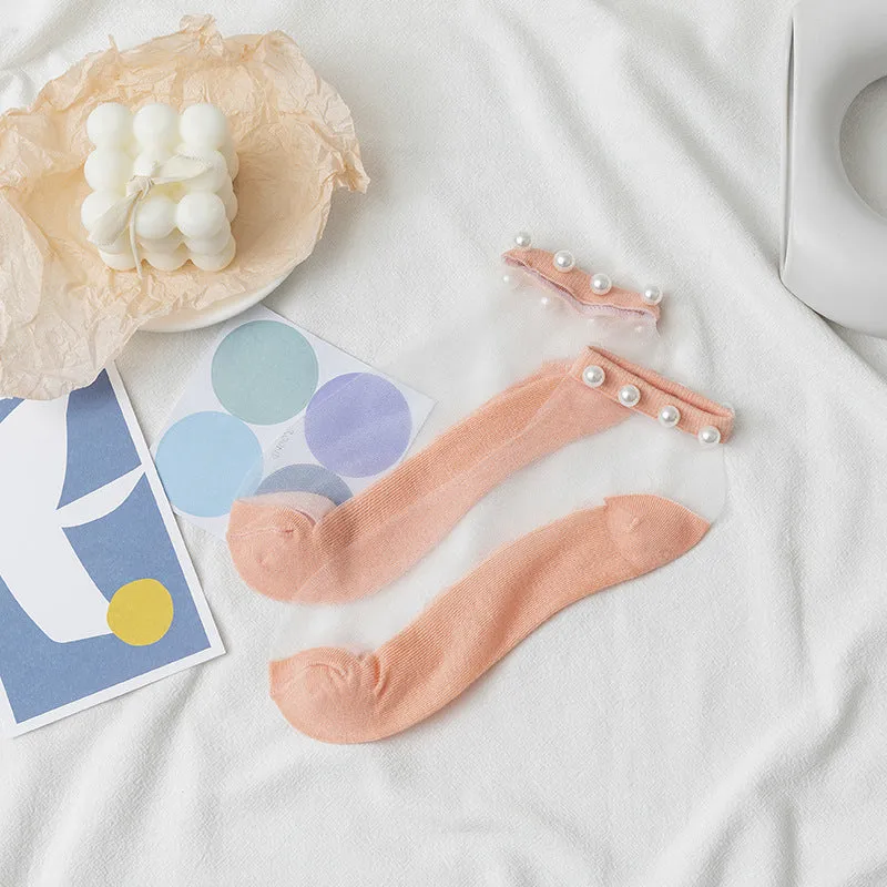 ( 10 Pairs ) Owlkay Pearl Transparent Socks