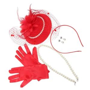 1 Set Vintage Pearl Fascinator Hat Mesh Headband Gloves Necklace Earrings for Women for Tea Party Bridal Shower Dress Up Events