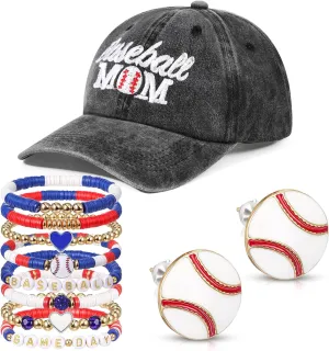 10 Pcs Mom Accessories Includes Mom Hat, 8 Pcs Stackable Beaded Stretch Bracelets and Earrings for Women Sports Lover Mother's Day Gift