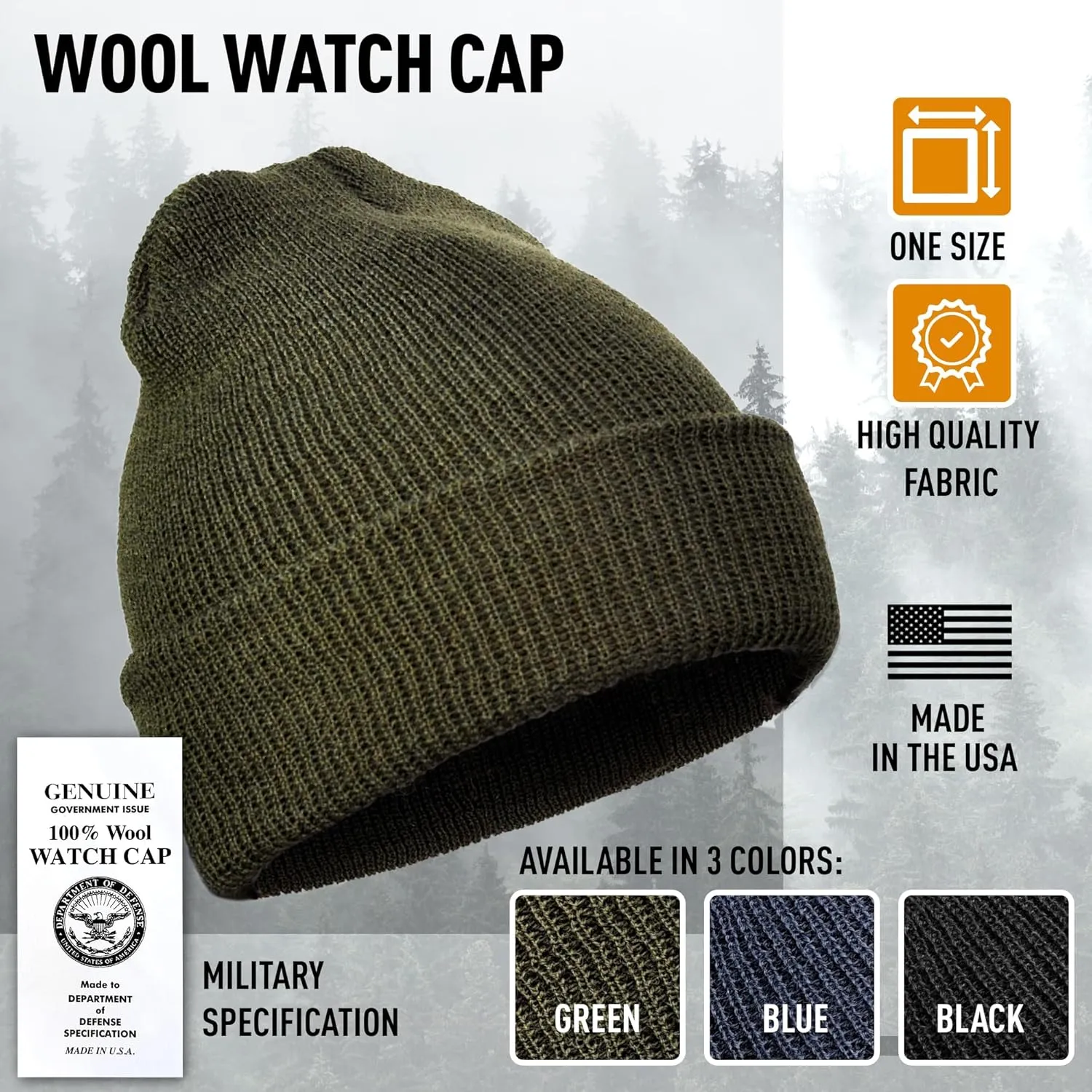 100% Wool GI Watch Cap  Warm Wool Beanie, Winter Hat for Outdoor, Hiking, Skiing & Cold Weather, Made in USA