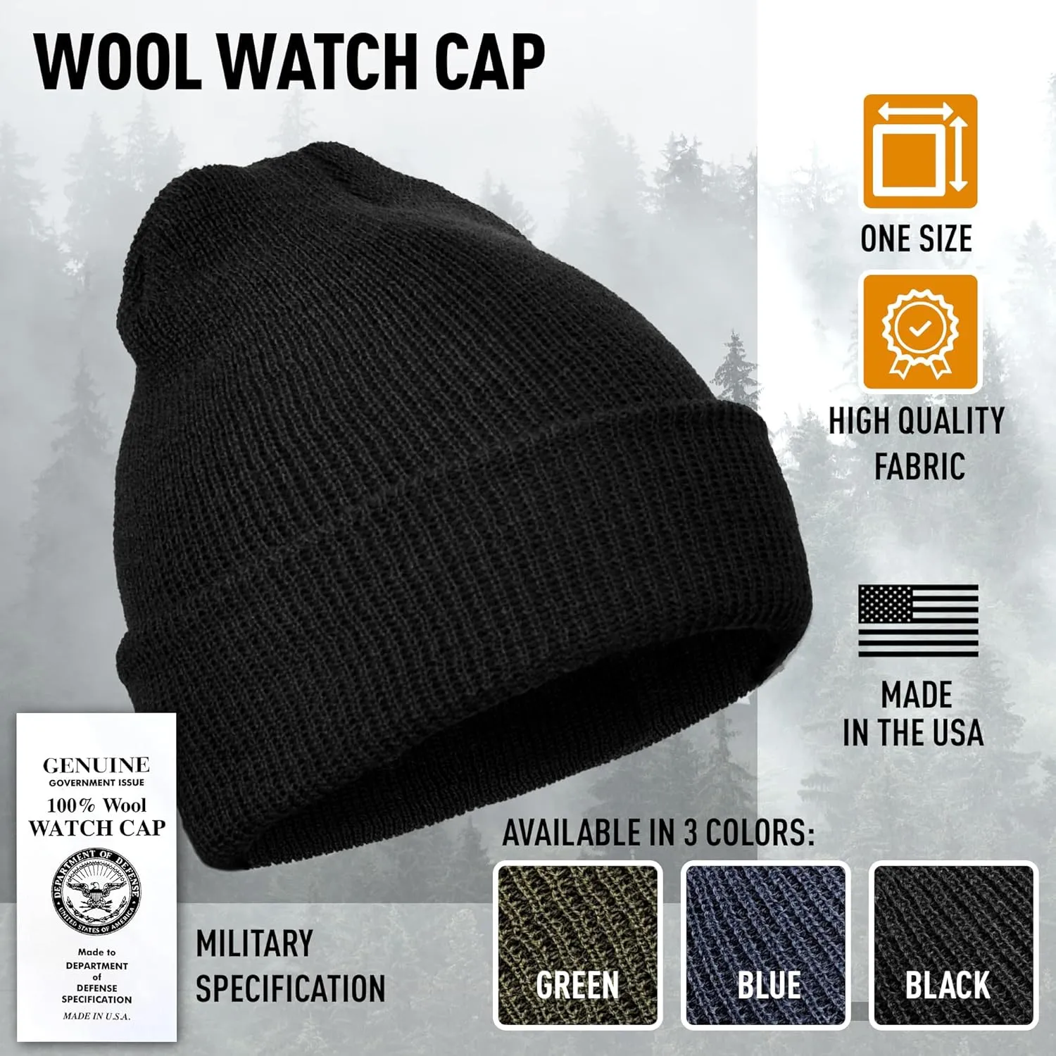 100% Wool GI Watch Cap  Warm Wool Beanie, Winter Hat for Outdoor, Hiking, Skiing & Cold Weather, Made in USA