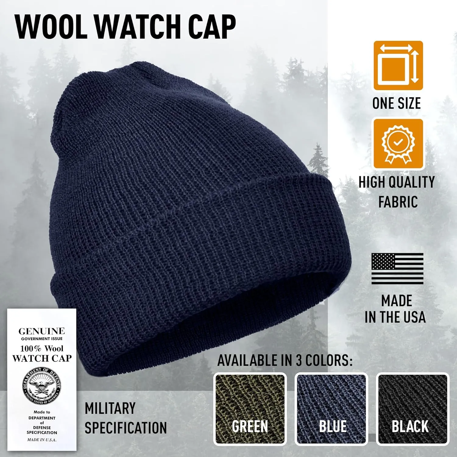 100% Wool GI Watch Cap  Warm Wool Beanie, Winter Hat for Outdoor, Hiking, Skiing & Cold Weather, Made in USA