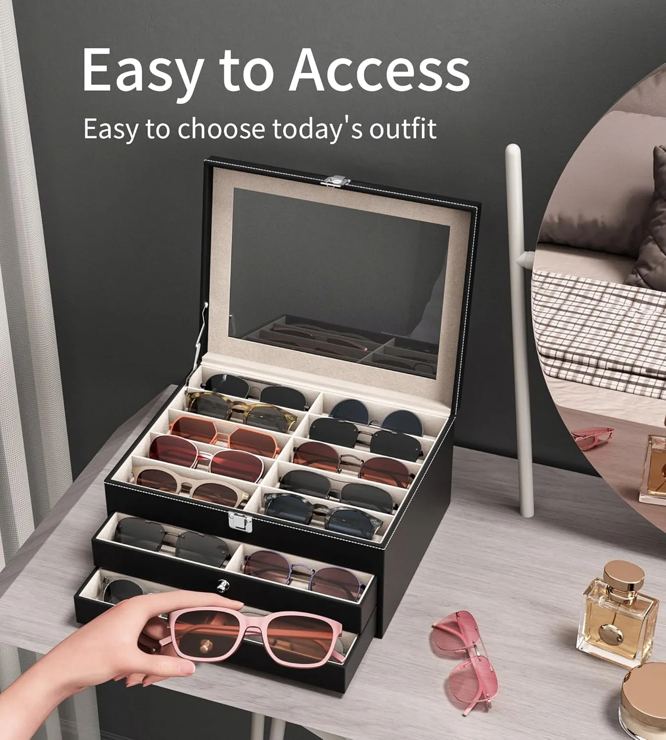 10/30 Slots Sunglass Organizer for Multiple Pairs of Eyewear Display Case Storage Box for Women Men Compact Ver
