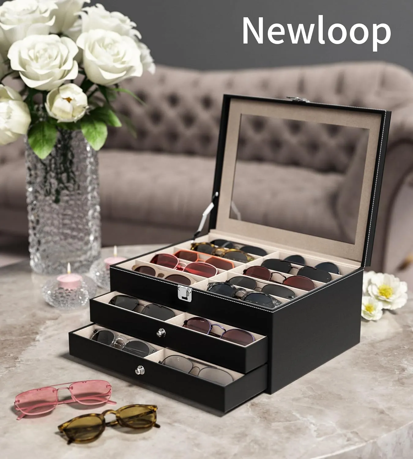 10/30 Slots Sunglass Organizer for Multiple Pairs of Eyewear Display Case Storage Box for Women Men Compact Ver