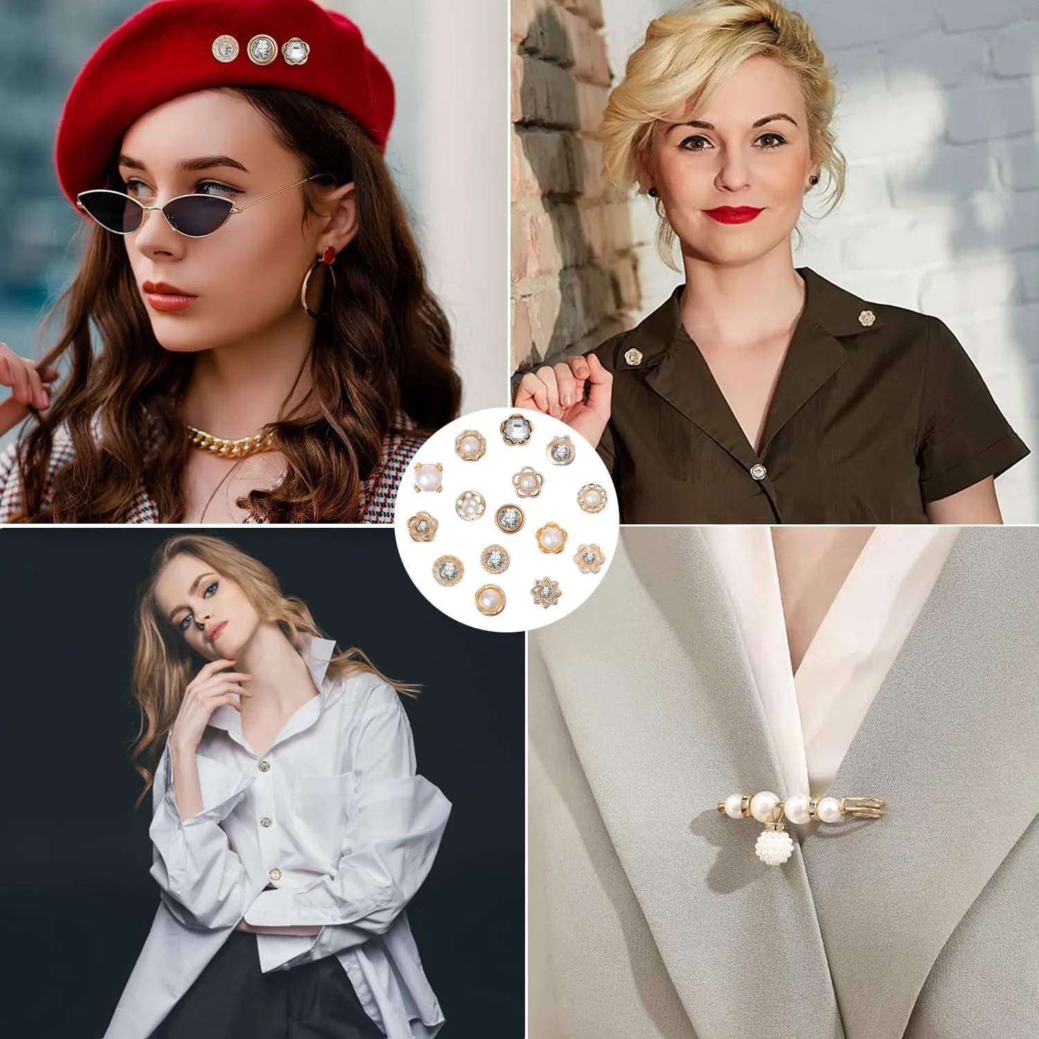 12-45PCS Scarf Ring Clip Pearl Brooch Pins - T-shirt Sweater Shawl Ties Clips Clothes Corner Knotted Button Fashion Metal Round Circle Shirt Clip Buckle Brooches for Women Girls Gift