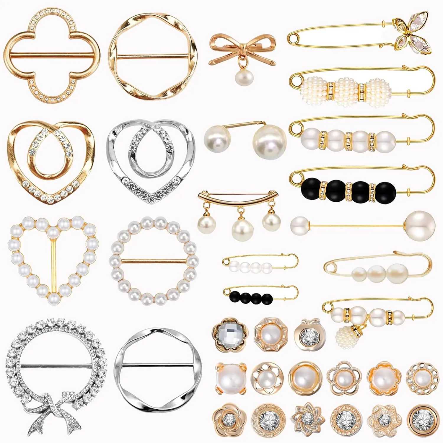 12-45PCS Scarf Ring Clip Pearl Brooch Pins - T-shirt Sweater Shawl Ties Clips Clothes Corner Knotted Button Fashion Metal Round Circle Shirt Clip Buckle Brooches for Women Girls Gift