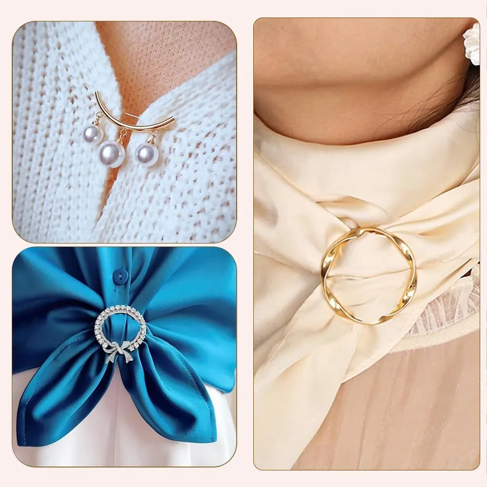 12-45PCS Scarf Ring Clip Pearl Brooch Pins - T-shirt Sweater Shawl Ties Clips Clothes Corner Knotted Button Fashion Metal Round Circle Shirt Clip Buckle Brooches for Women Girls Gift