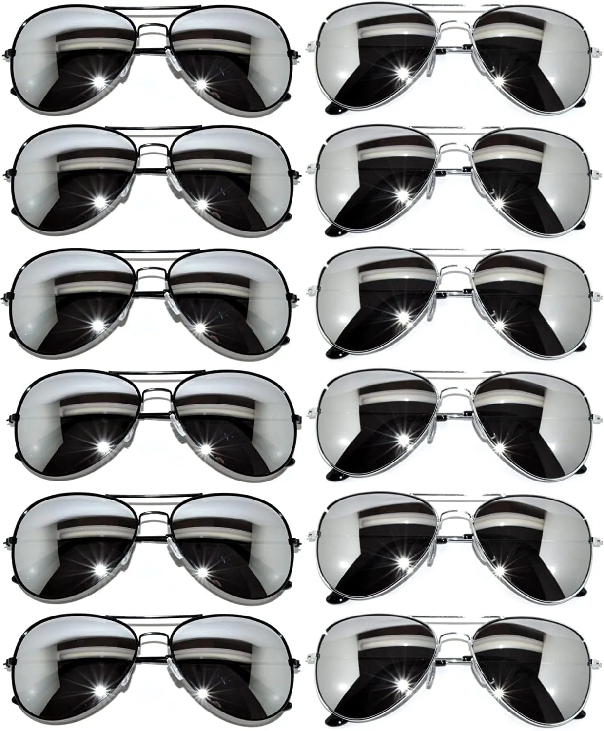 12 Pack Aviator Sunglasses Mirrored Lens, Womens Mens Wholesale Eyewear with Black, Silver, Gold Frames