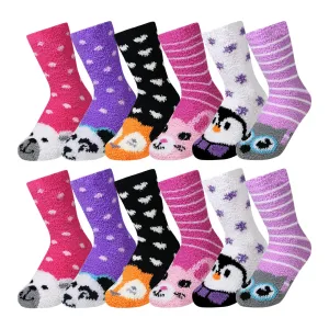 12 Pairs of Women's/Girl's Fuzzy Soft Plush Slipper Socks, Fluffy Winter Warm Cozy Animal Print Socks (Sock Size 9-11)