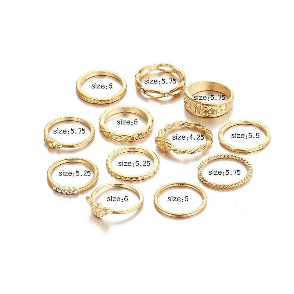 12-Piece Golden Ring Set with Zinc Alloy and Gemstones - Fixed Sizes