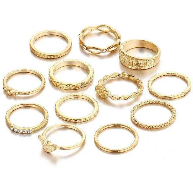 12-Piece Golden Ring Set with Zinc Alloy and Gemstones - Fixed Sizes