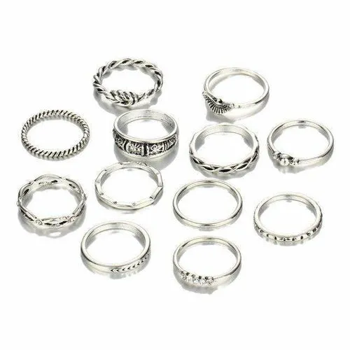 12-Piece Golden Ring Set with Zinc Alloy and Gemstones - Fixed Sizes