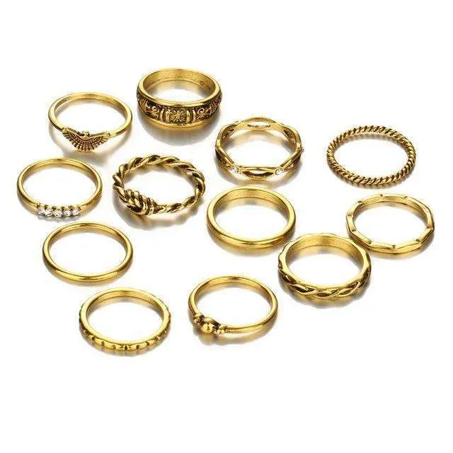 12-Piece Golden Ring Set with Zinc Alloy and Gemstones - Fixed Sizes