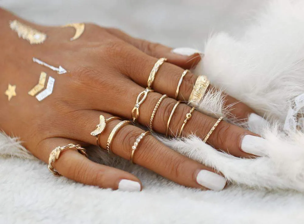 12-Piece Golden Ring Set with Zinc Alloy and Gemstones - Fixed Sizes