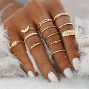 12-Piece Golden Ring Set with Zinc Alloy and Gemstones - Fixed Sizes