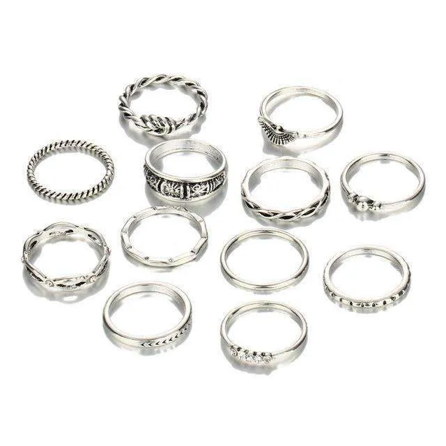 12-Piece Golden Ring Set with Zinc Alloy and Gemstones - Fixed Sizes