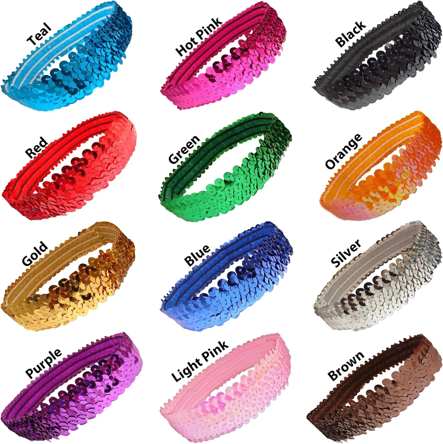 12 Sequin Headbands U PICK (Available in LOTS of COLORS) Elastic Stretch Sparkly Fashion Headband for Teens Girls Women Softball Pack Volleyball Basketball Dance Set Sports Teams Store By Kenz Laurenz