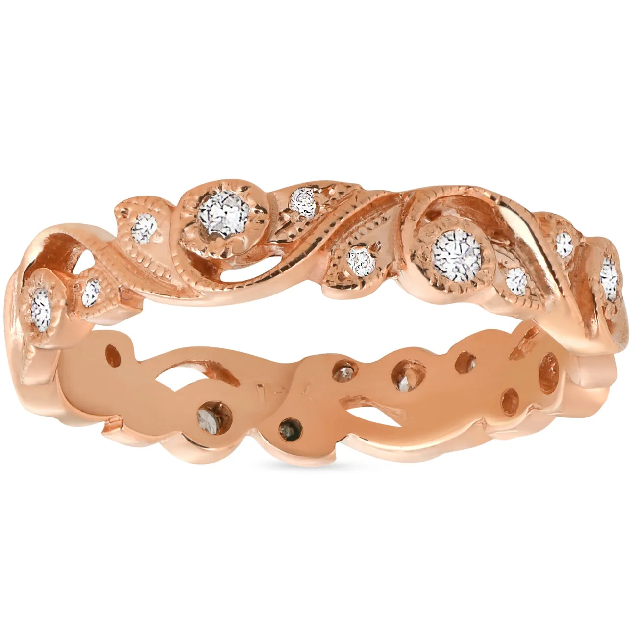 1/4ct Diamond Eternity Ring 14k Rose Gold Scroll Vintage Leaf