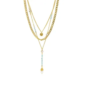 14k Gold Plated Freshwater Pearl and Turquoise Beaded Layered Necklace