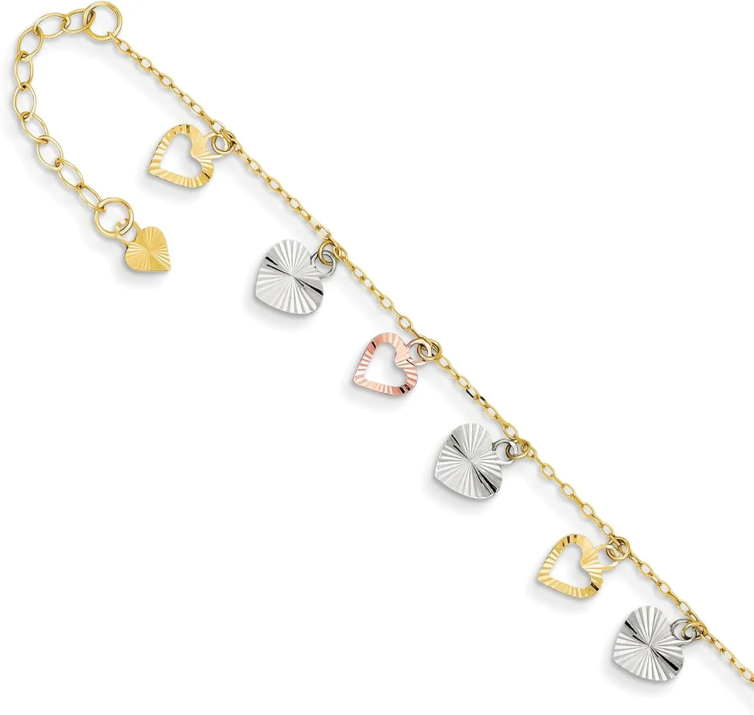 14K Gold Tri-Color Adjustable Heart Anklet Jewelry 9"