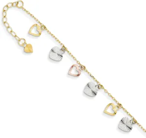 14K Gold Tri-Color Adjustable Heart Anklet Jewelry 9"