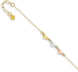 14K Tri Color Gold Adjustable Heart Anklet