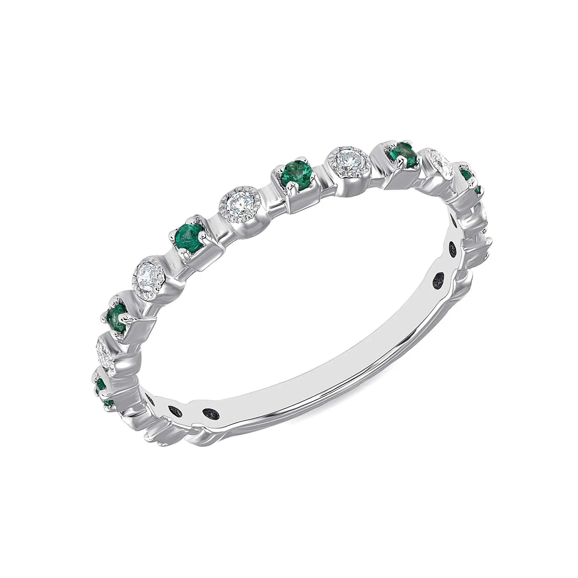 14K White Gold Diamond & Emerald 3/4 Eternity Vintage Style Stacking Wedding Band Ring