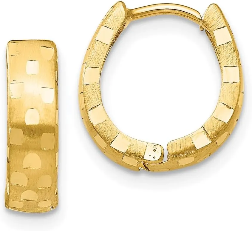 14k Yellow Gold Diamond-Cut 4mm Patterned Hinged Hoop Huggie Earrings - 14mm x 4mm