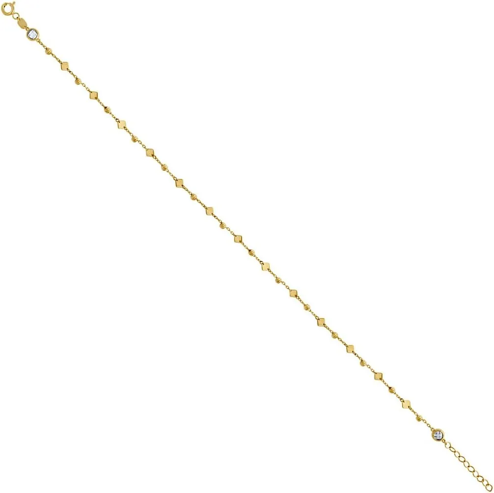 14k Yellow Gold Womens CZ Cubic Zirconia Simulated Diamond Beaded Square Fashion Link Anklet 10 Inch 3.9mm Long - Jewelry Gift for Mom