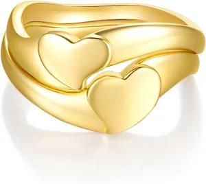 14K/18K Gold Plated Chunky Stackable Rings Set for Couples | 2 Heart Statement Bands Set | Stacking Rings for Women & Men | Size 4-12