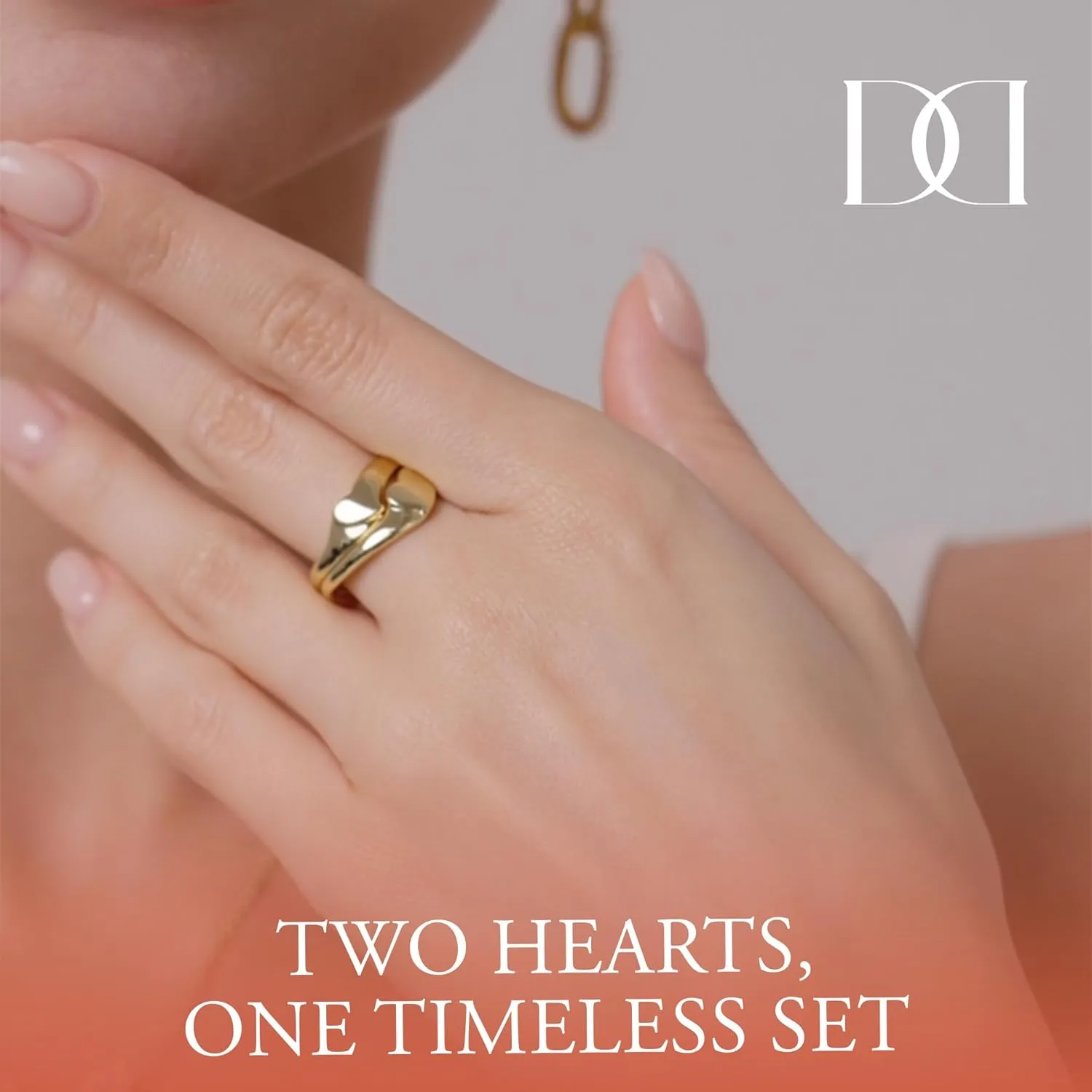 14K/18K Gold Plated Chunky Stackable Rings Set for Couples | 2 Heart Statement Bands Set | Stacking Rings for Women & Men | Size 4-12