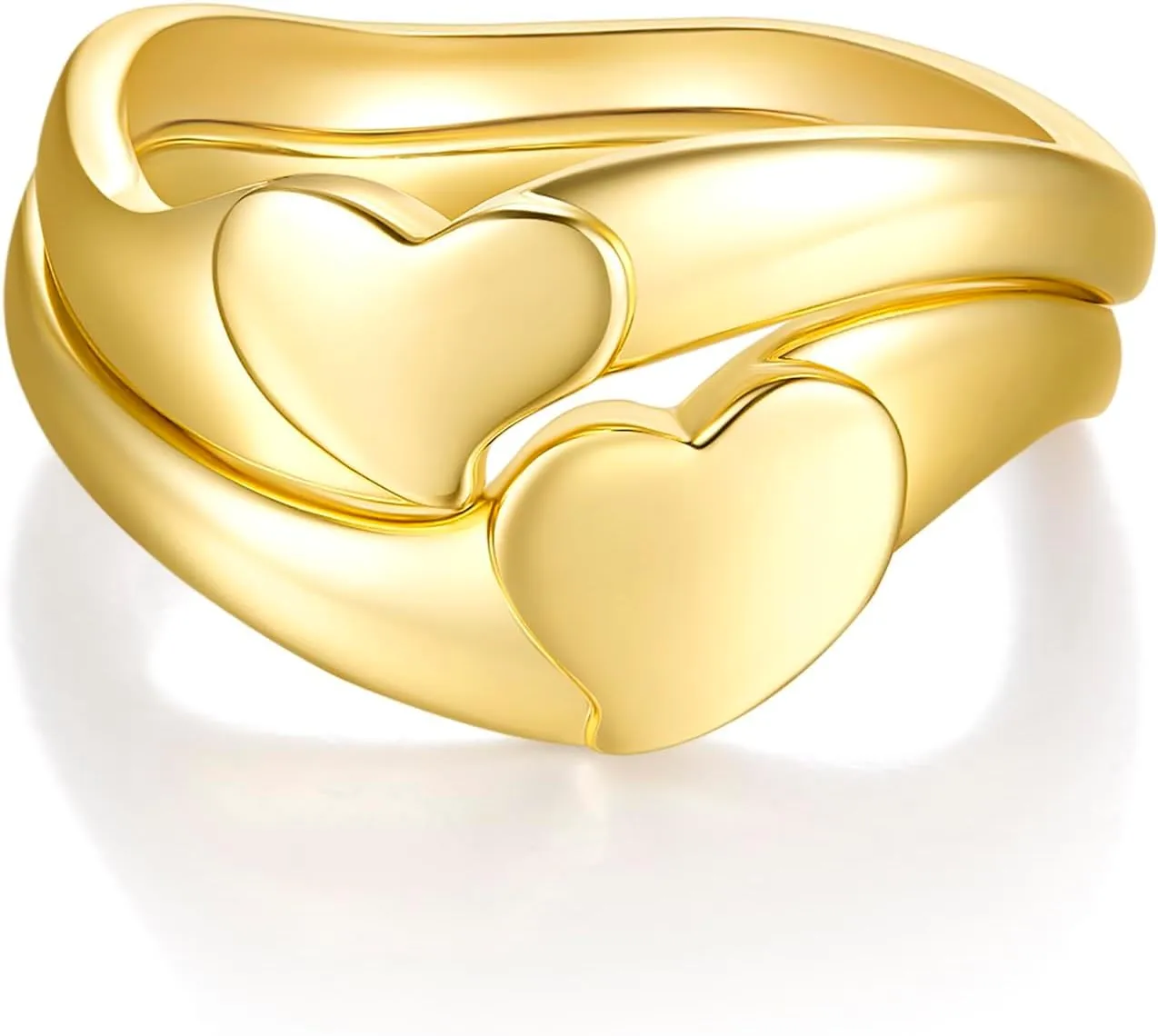 14K/18K Gold Plated Chunky Stackable Rings Set for Couples | 2 Heart Statement Bands Set | Stacking Rings for Women & Men | Size 4-12