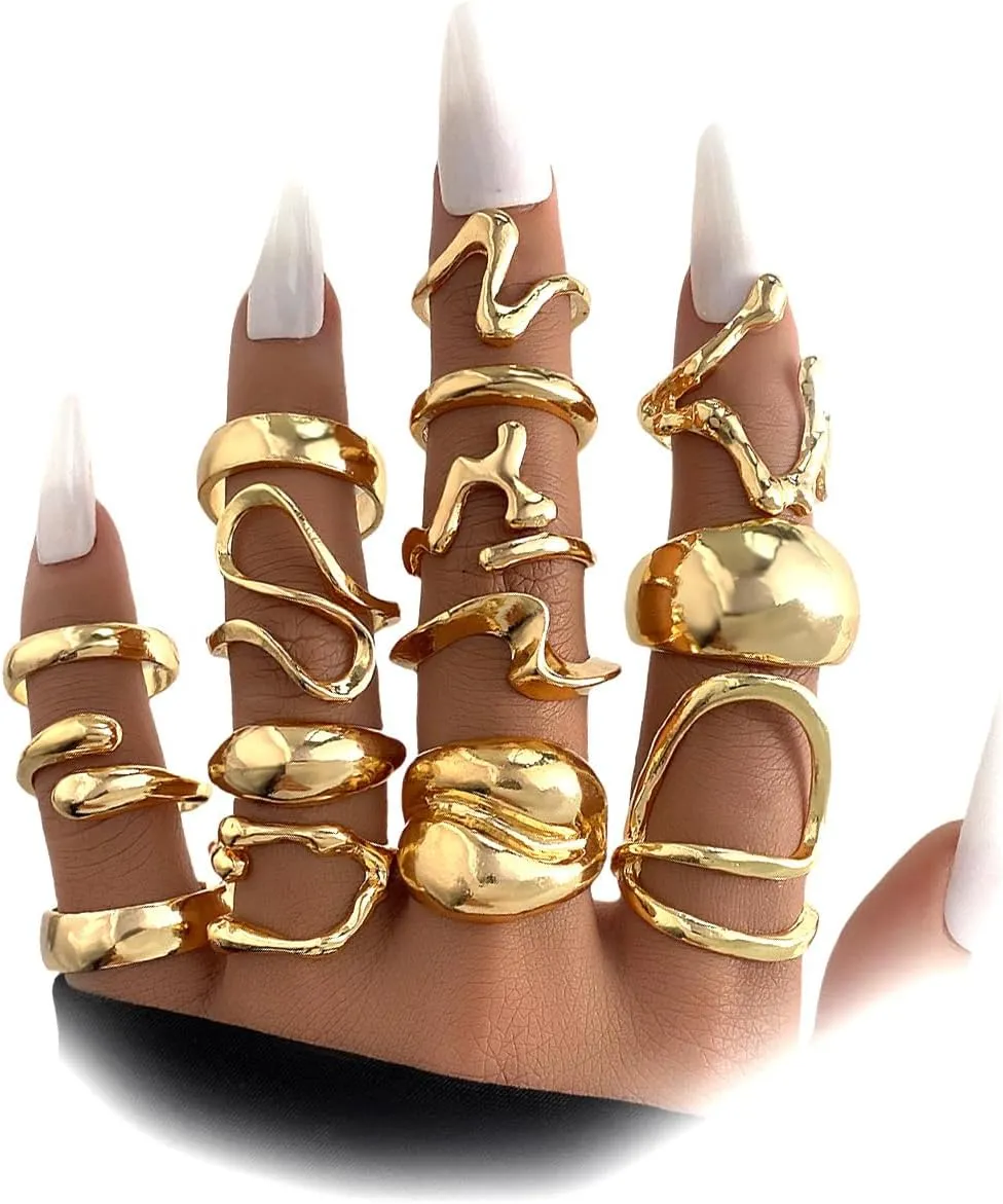15Pcs Stackable Melting Gold Twisted Knuckle Ring Set for Women Exaggerated Large Hollow Melted Twisting Open Rings Pack Chunky Hip Hop Jewelry Gifts