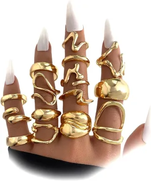 15Pcs Stackable Melting Gold Twisted Knuckle Ring Set for Women Exaggerated Large Hollow Melted Twisting Open Rings Pack Chunky Hip Hop Jewelry Gifts