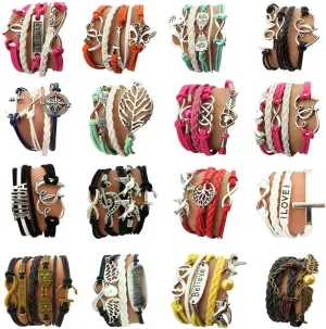 16pcs Handmade Braided Multi Layers Vintage Woven Rope Woven Leather Alloy Owl Infinity Wrap Bangle Bracelets by OUR SUPER DEALS
