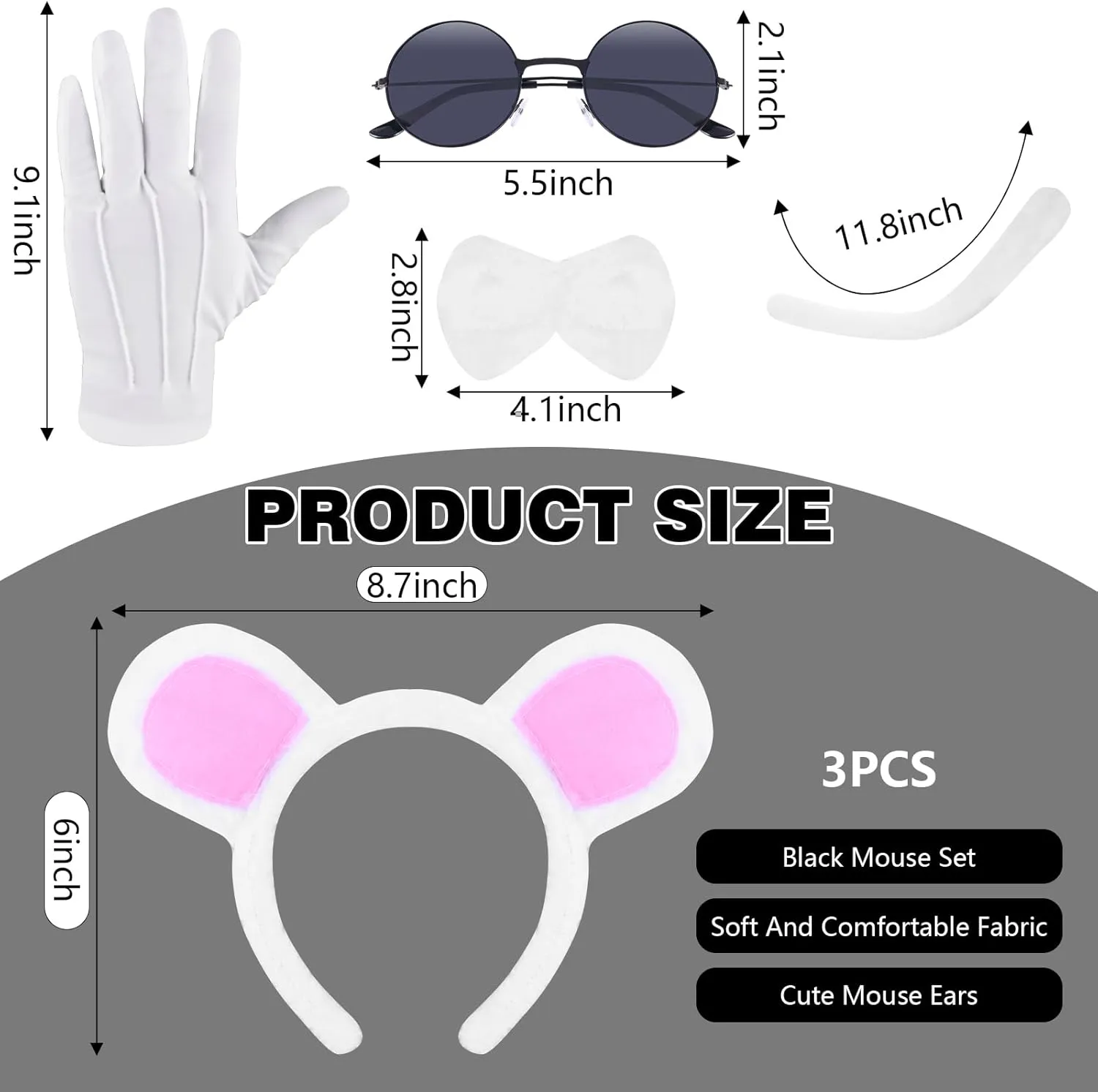 18 Pcs Halloween Mouse Costume Accessories Set, Mouse Headbands Ears Bow Tie Tail Round Sunglasses Blind Cane White Gloves