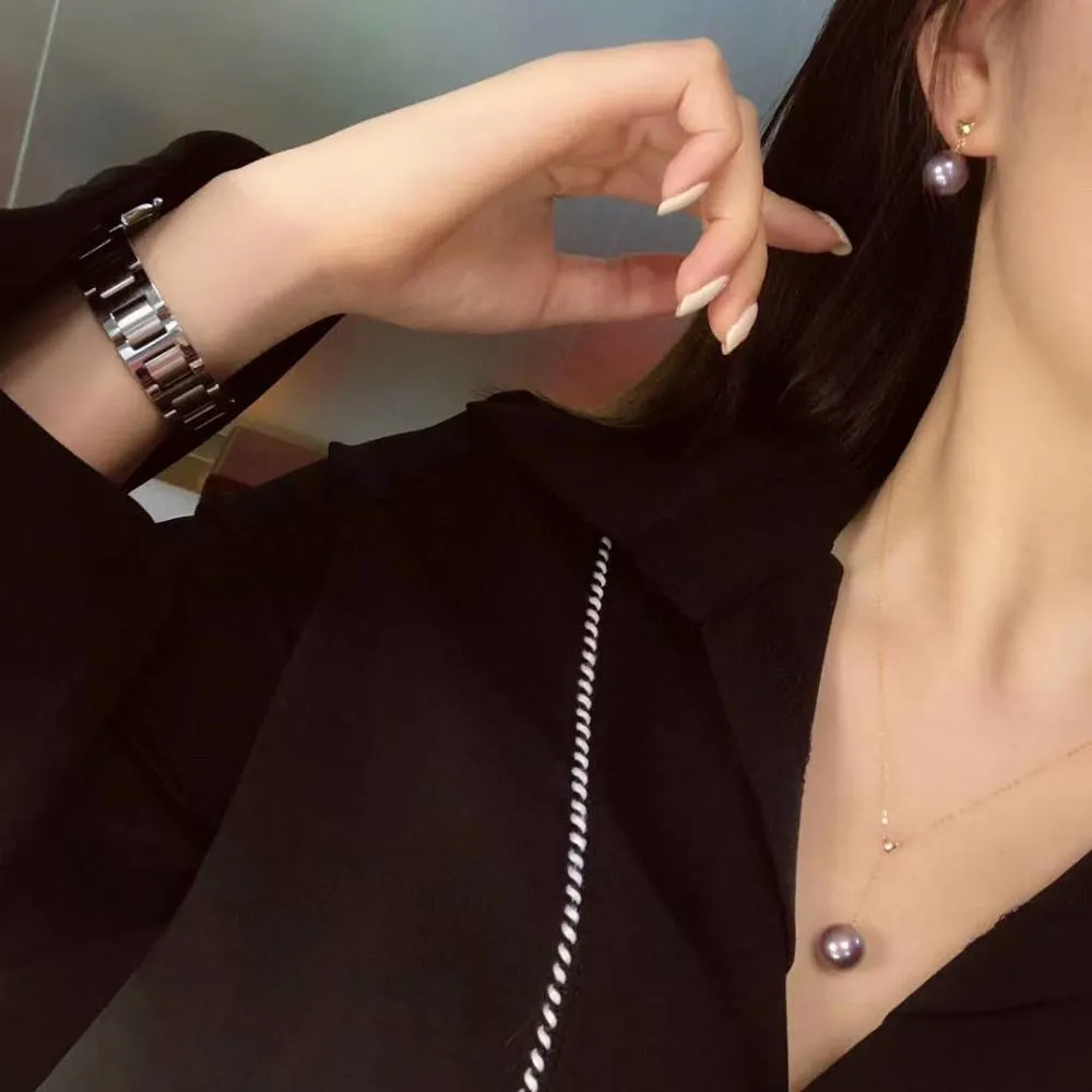 18K Gold Necklace/Earrings 10-11mm Edison Freshwater Rould Pearls Deep Purple Pearls Fine Jewelry Set