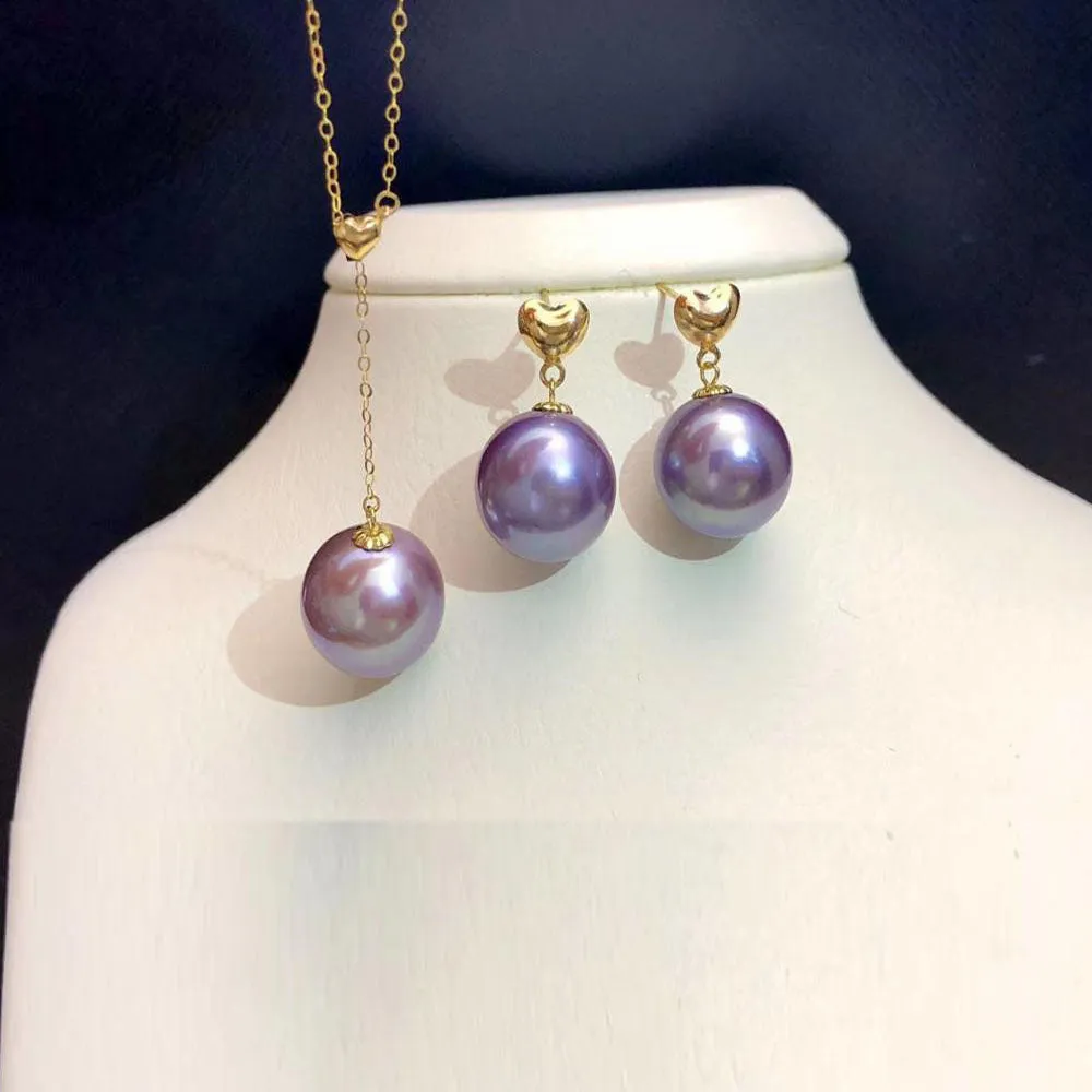 18K Gold Necklace/Earrings 10-11mm Edison Freshwater Rould Pearls Deep Purple Pearls Fine Jewelry Set