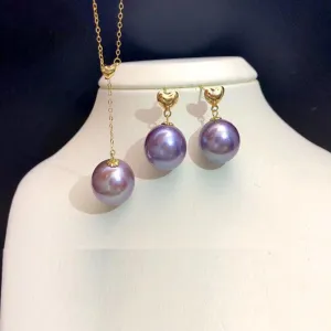 18K Gold Necklace/Earrings 10-11mm Edison Freshwater Rould Pearls Deep Purple Pearls Fine Jewelry Set