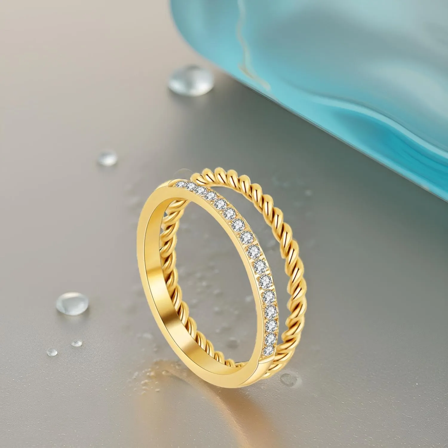 18K Gold Plated Stackable Rings Set for Women - Waterproof & Non Tarnish 2 Wave Latered Chunky Rings - Water Resistant Never Fades Everyday Thumb Rings for Women