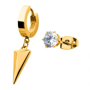 18K Gold Plated Stainless Steel Dangling Spike Bali and Prong Set CZ Stud Mismatched Earrings