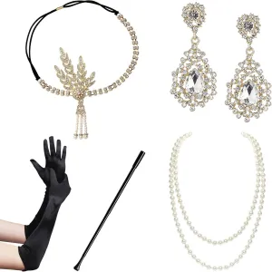 1920s Accessories for Women - Flapper Headpiece Great Gatsby Accessories for Women Pearl Bracelet Necklace Gloves