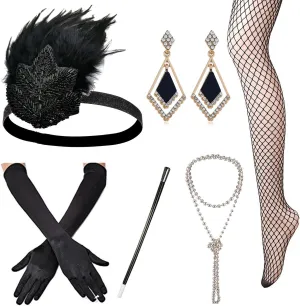 1920s Accessories Set Flapper Headband,Earrings,Pearl Necklace,Gloves,Net Tights,Pearl Bracelet (OneSize, Set-23)