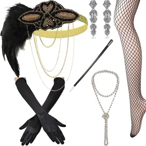 1920s Accessories Set Flapper Headband,Earrings,Pearl Necklace,Gloves,Net Tights,Pearl Bracelet (OneSize, Set-24)