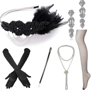 1920s Accessories Set Flapper Headband,Earrings,Pearl Necklace,Gloves,Net Tights,Pearl Bracelet (OneSize, Set-27)