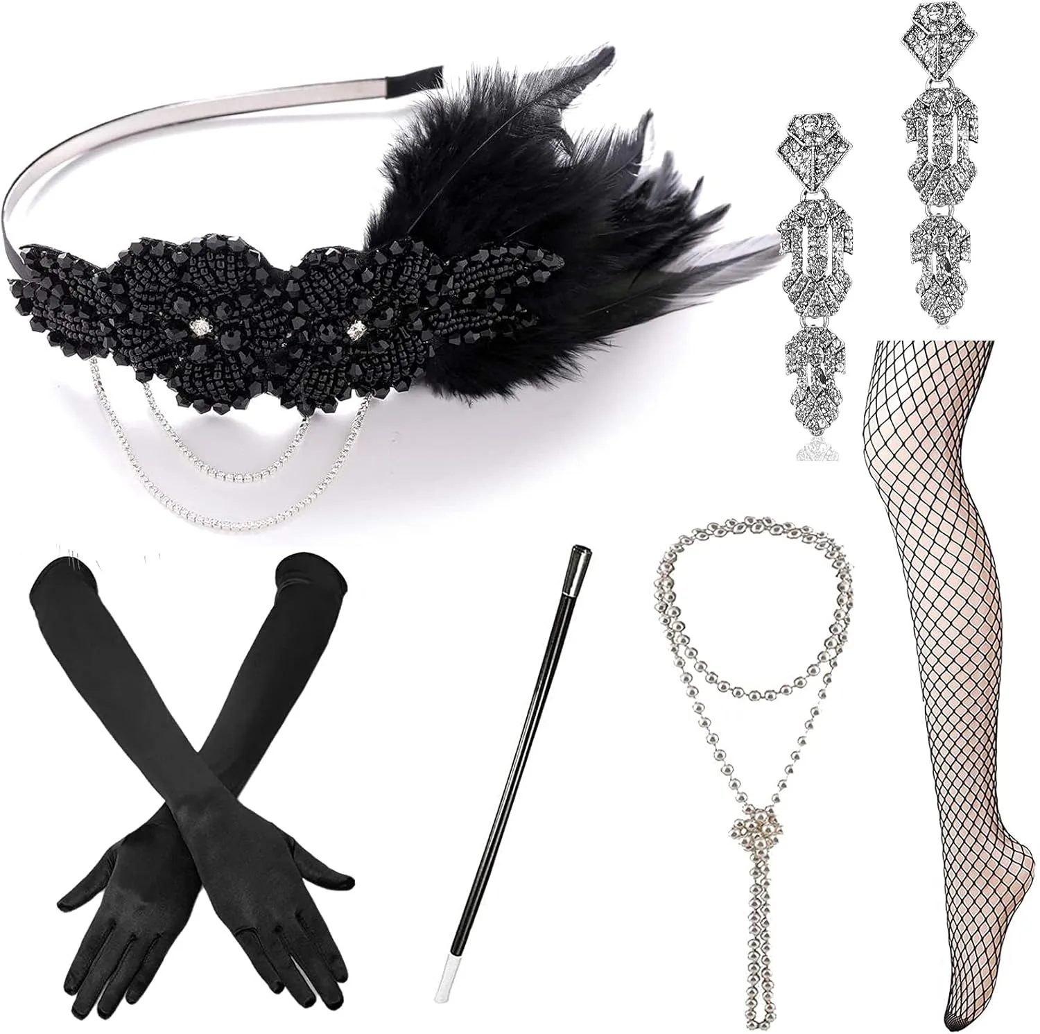 1920s Accessories Set Flapper Headband,Earrings,Pearl Necklace,Gloves,Net Tights,Pearl Bracelet (OneSize, Set-27)