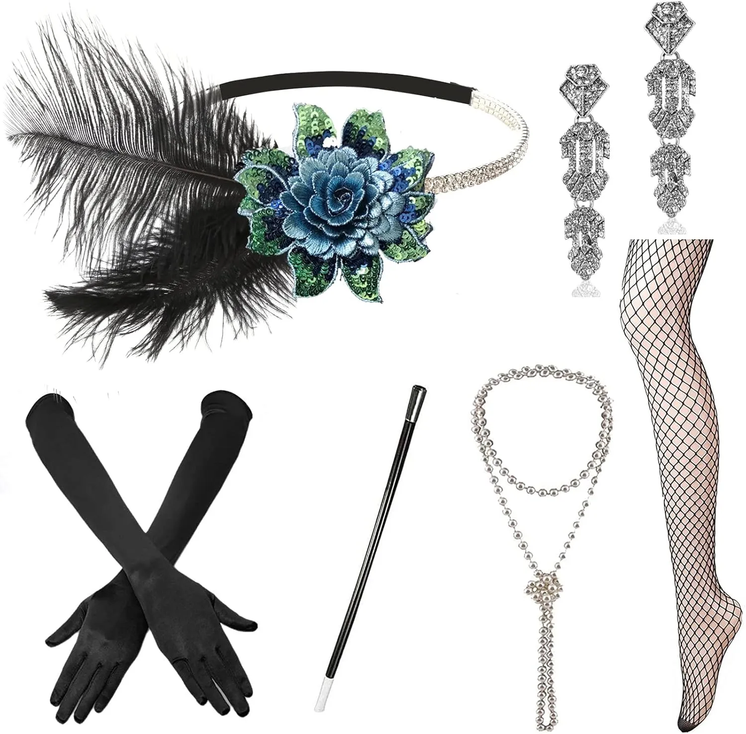 1920s Accessories Set Flapper Headband,Earrings,Pearl Necklace,Gloves,Net Tights,Pearl Bracelet (Set-14)