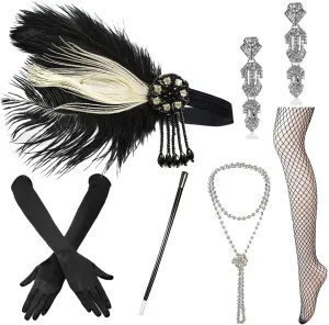 1920s Accessories Set Flapper Headband,Earrings,Pearl Necklace,Gloves,Net Tights,Pearl Bracelet (Set-16)