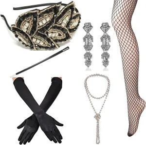 1920s Accessories Set Flapper Headband,Earrings,Pearl Necklace,Gloves,Net Tights,Pearl Bracelet (Set-19)