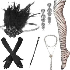 1920s Accessories Set Flapper Headband,Earrings,Pearl Necklace,Gloves,Net Tights,Pearl Bracelet (Set-3)